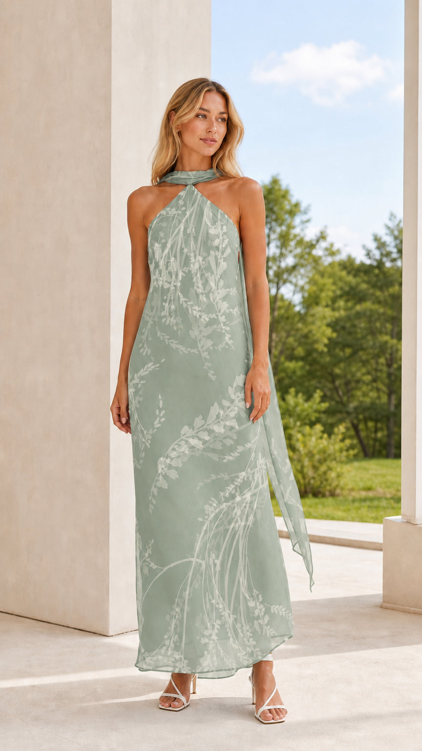 Full length view of model in sage green floral halter maxi dress