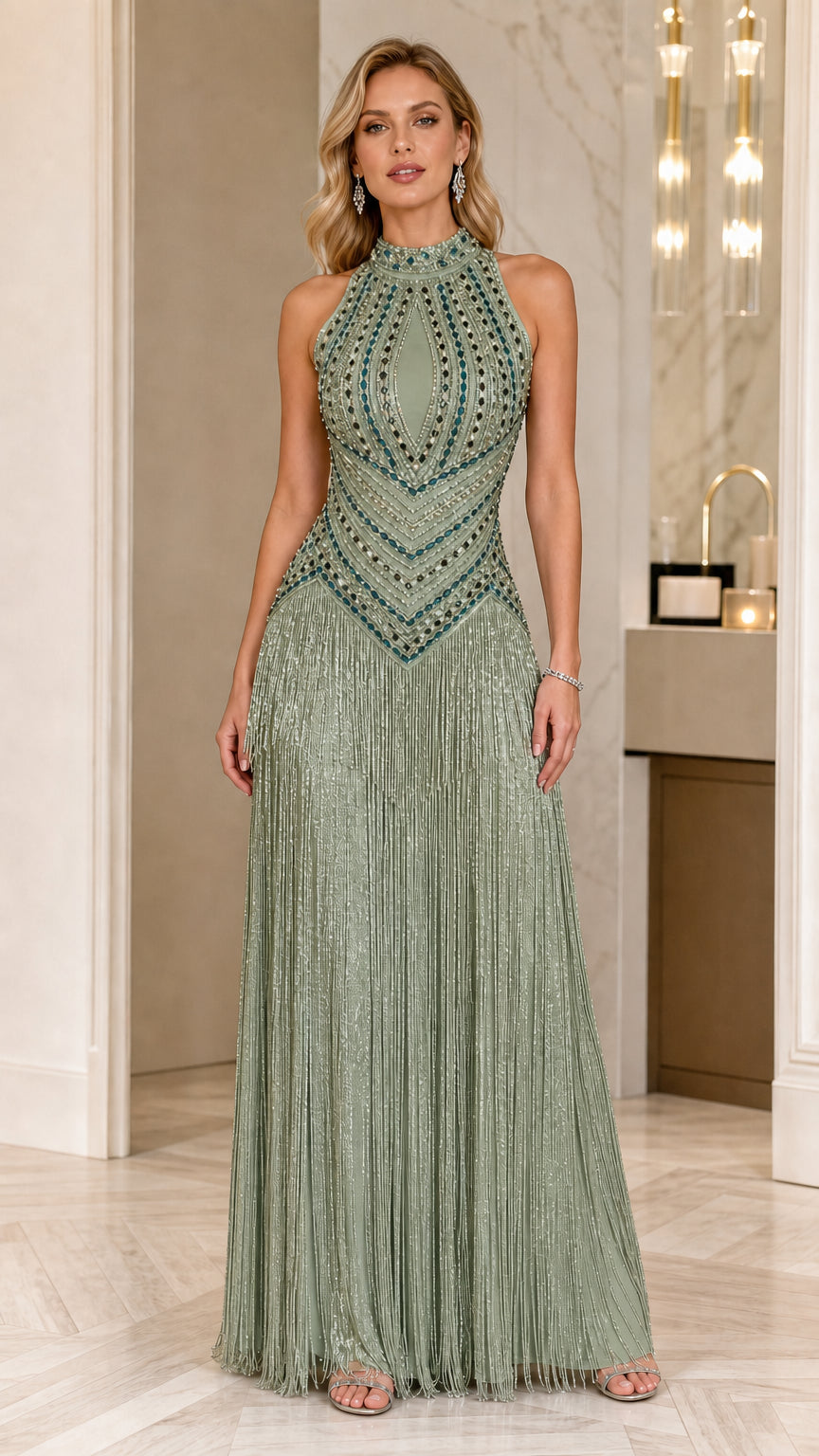 Sage green halter neck beaded formal gown with fringe overlay