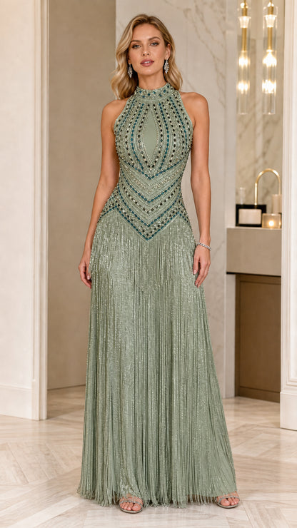 Sage green halter neck beaded formal gown with fringe overlay