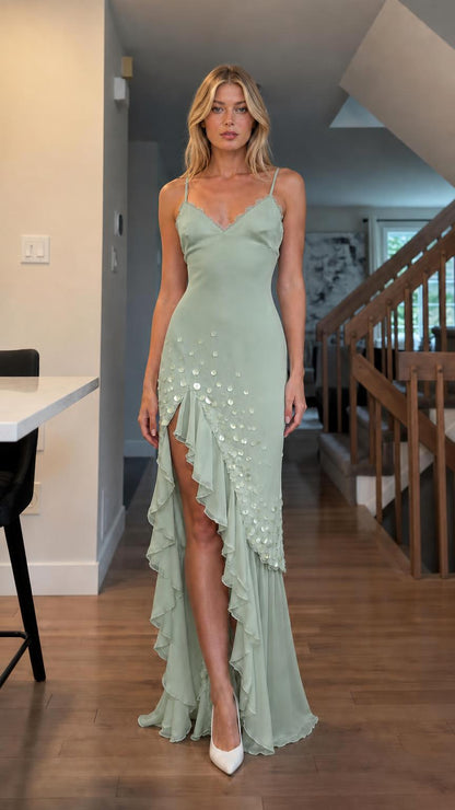Front view of Sage Green sequin ruffle slip maxi dress