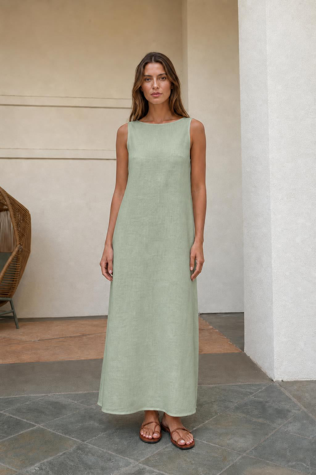 Woman wearing sage green sleeveless maxi dress