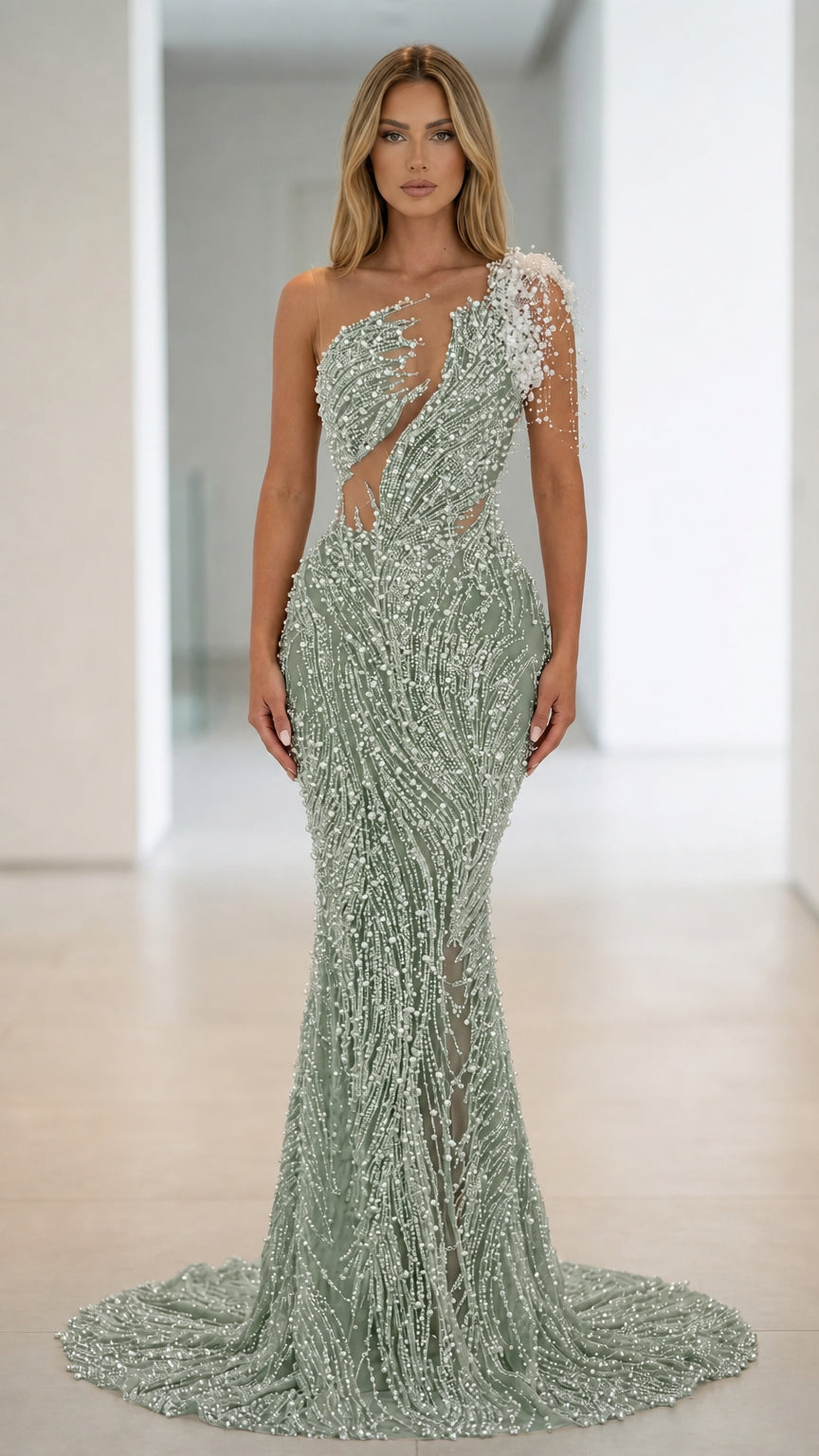 Front view of Sage one-shoulder beaded mermaid evening gown