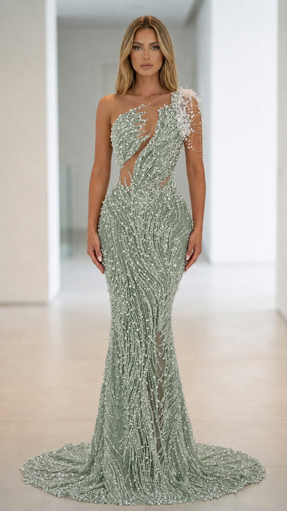 Front view of Sage one-shoulder beaded mermaid evening gown