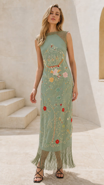 Front view of sage green embroidered fringe maxi dress