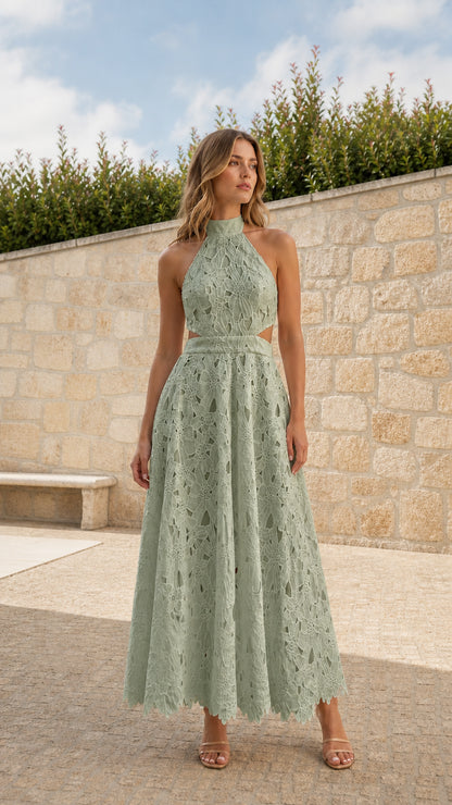 Front view of model wearing Sage Green halter lace maxi dress