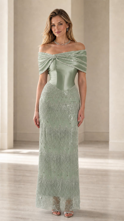 Front view of sage green off-the-shoulder beaded evening dress