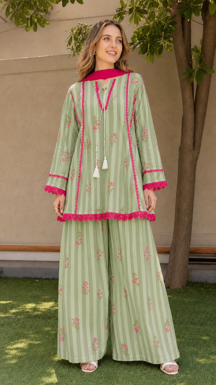 Woman wearing sage green variant of striped floral kurti and palazzo set