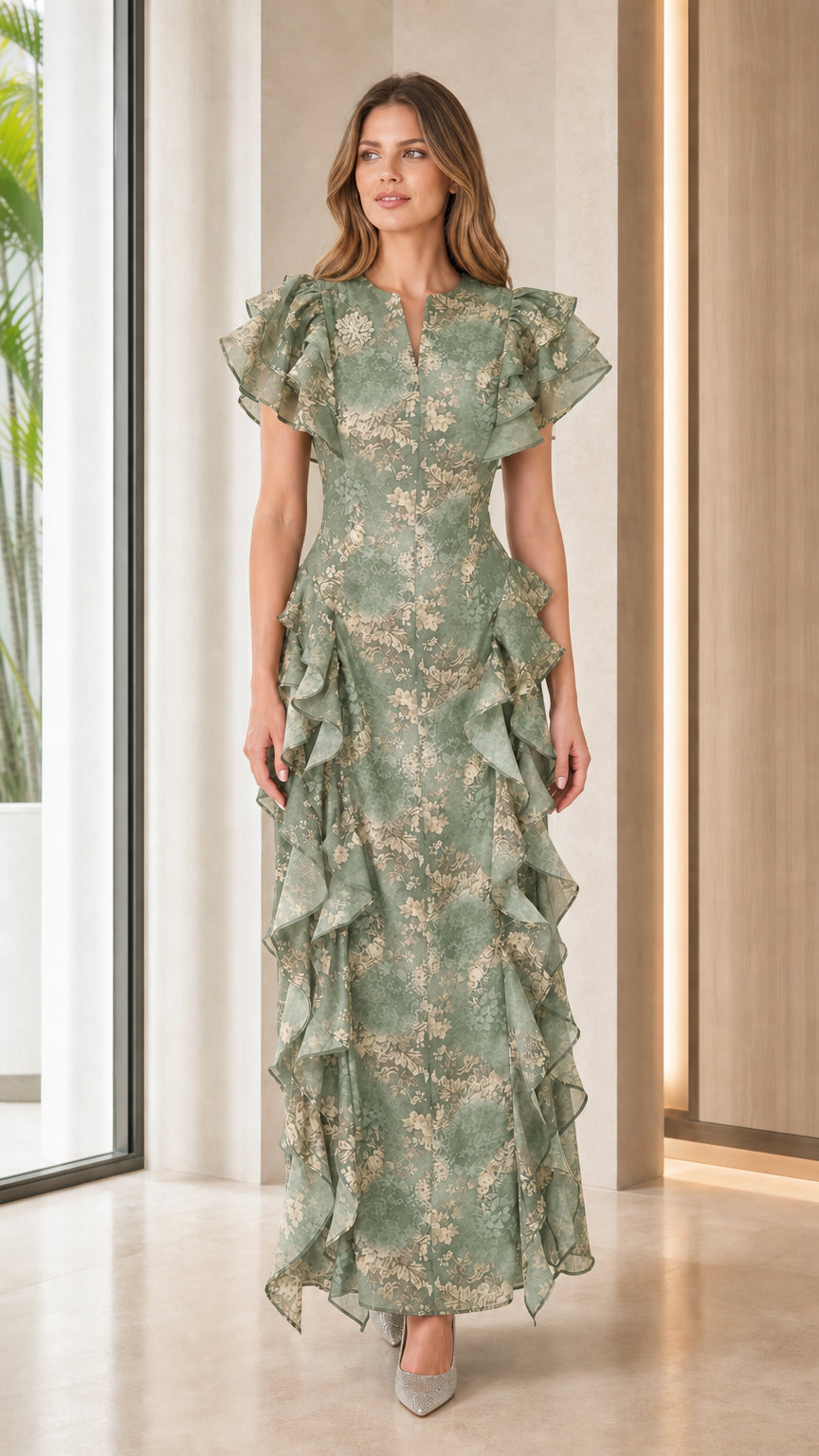 Front view of sage green floral print ruffle maxi dress