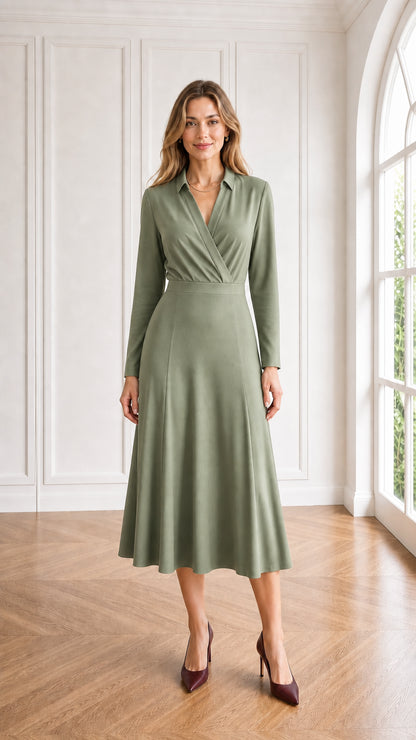 Sage green collared wrap long sleeve midi dress on model