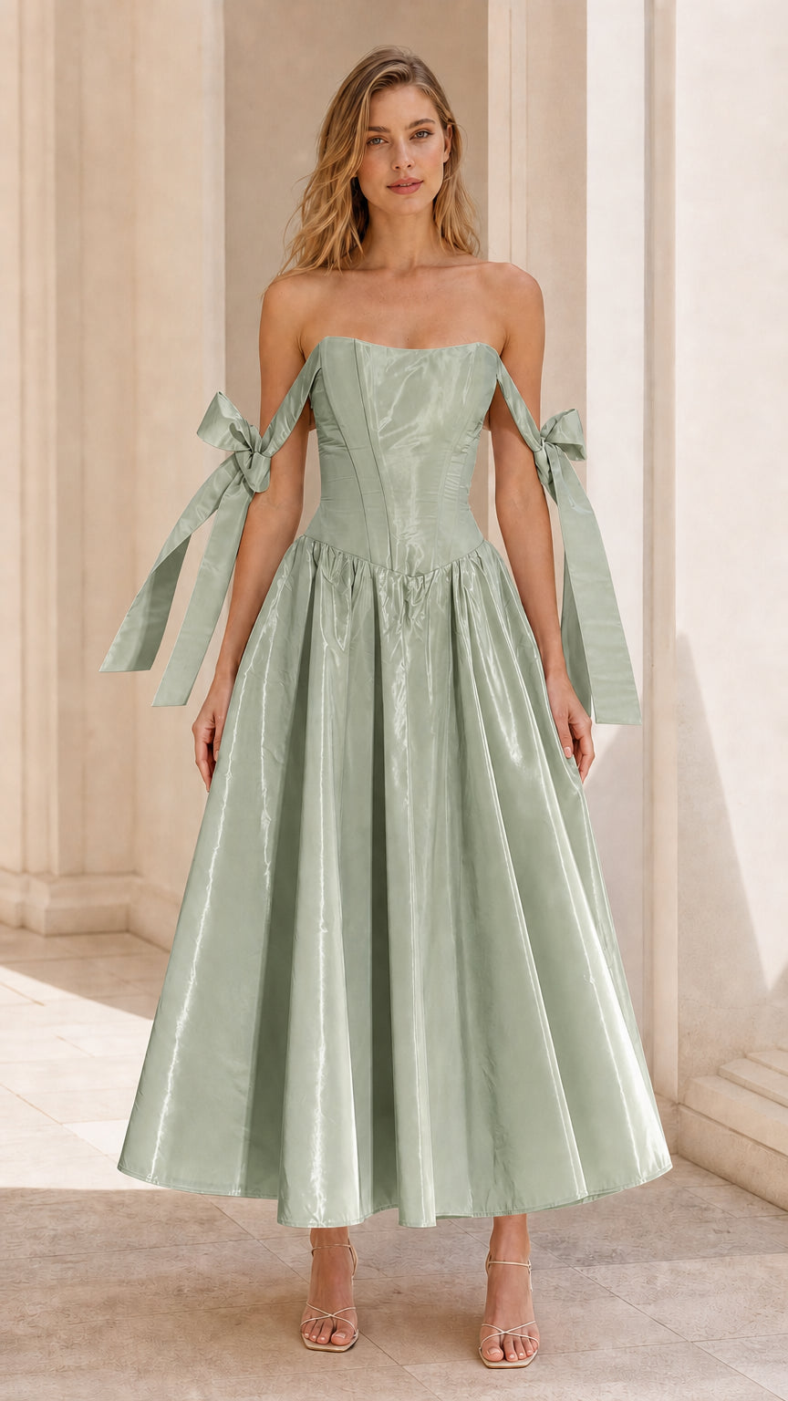 Model wearing Sage Green off-shoulder corset midi dress with ribbon details