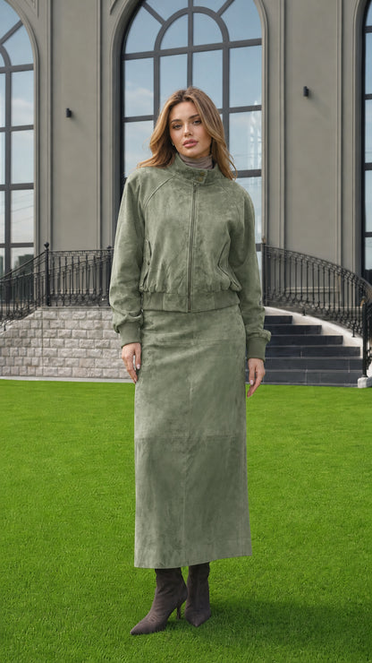 Full-length view of woman wearing Sage Green faux suede two-piece bomber set