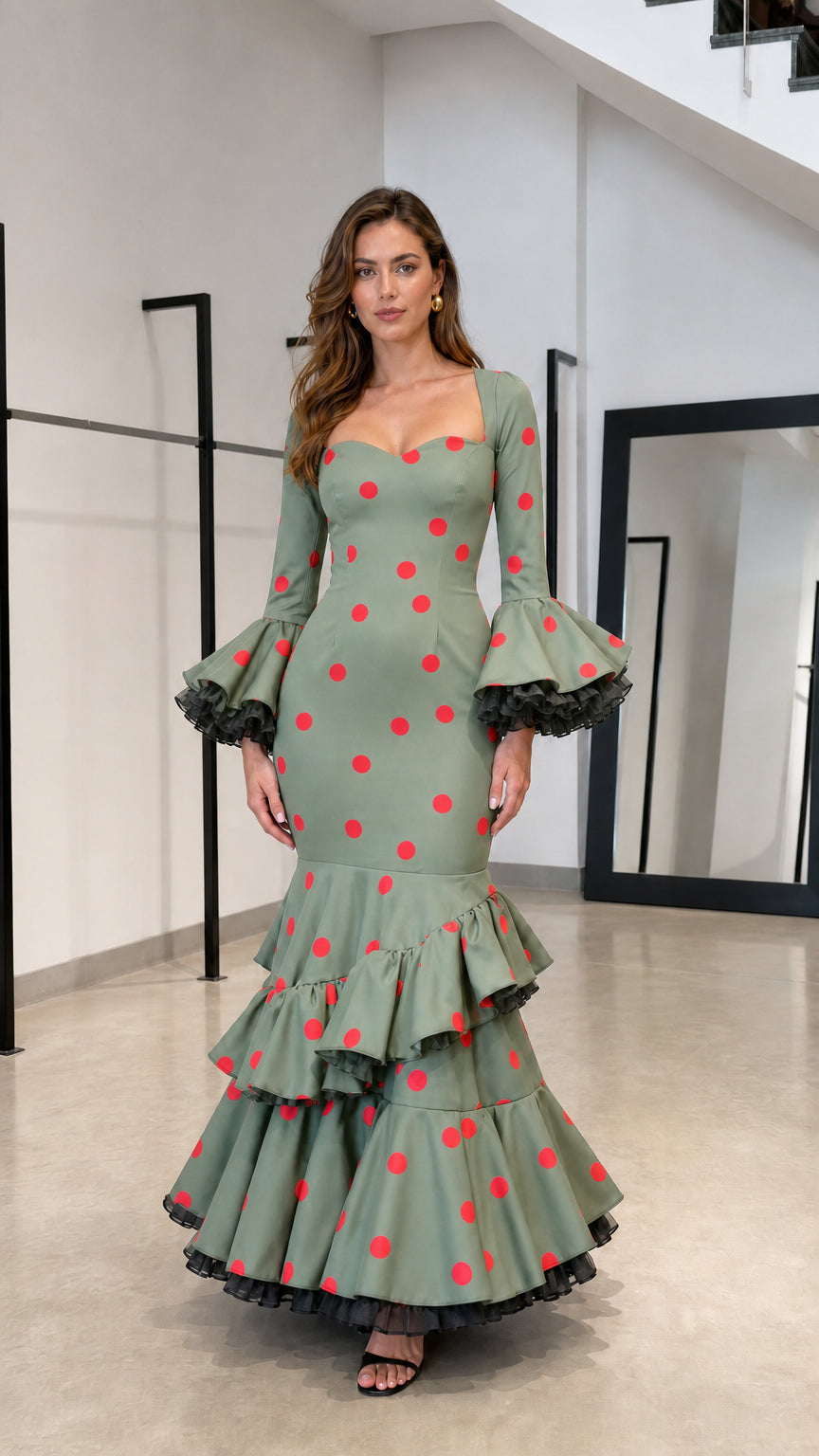 Sage green and red polka dot mermaid maxi dress