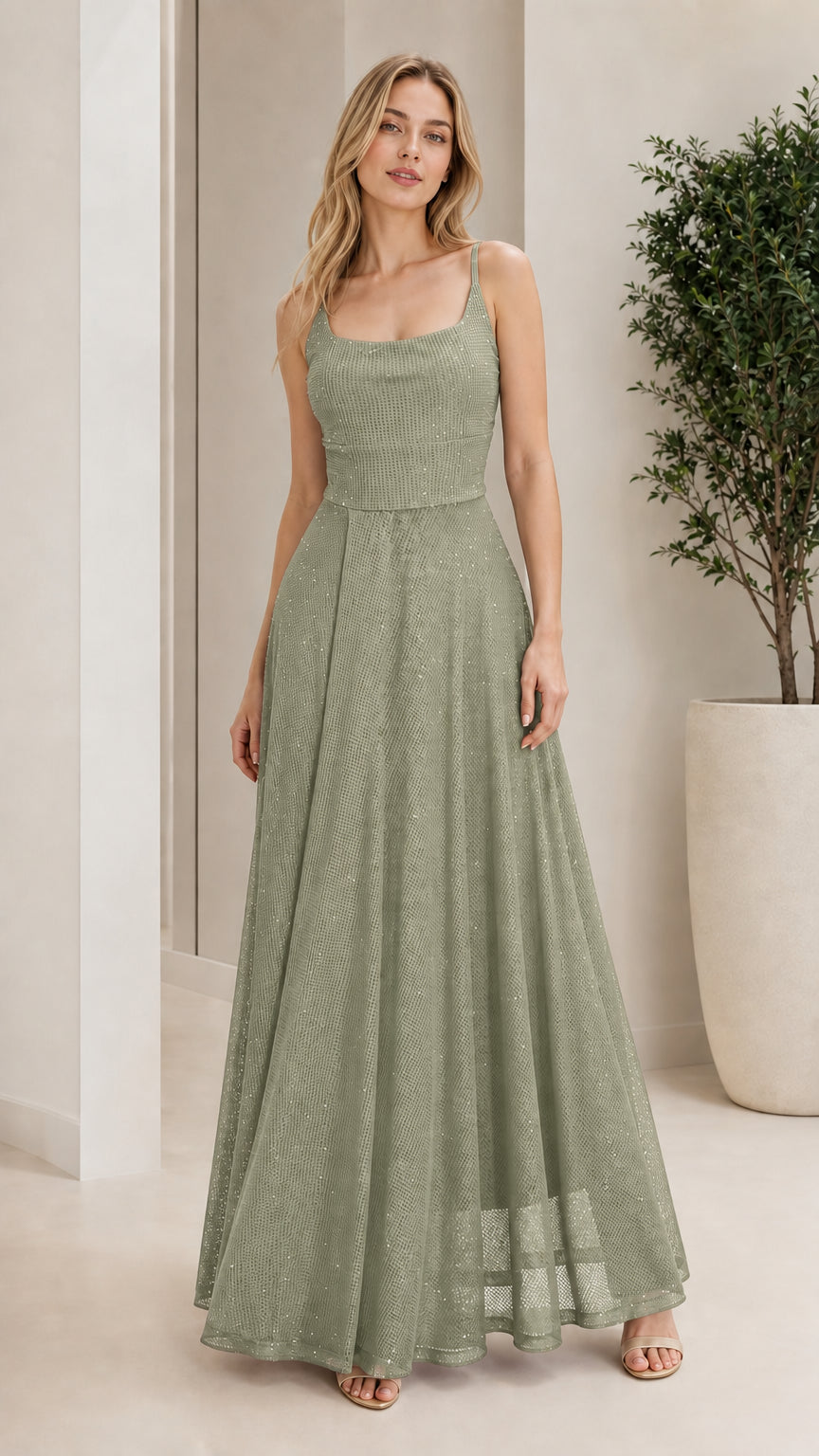 Model wearing sage green sparkle formal evening dress