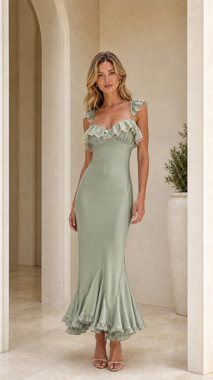 Model wearing sage green ruffle trim maxi dress
