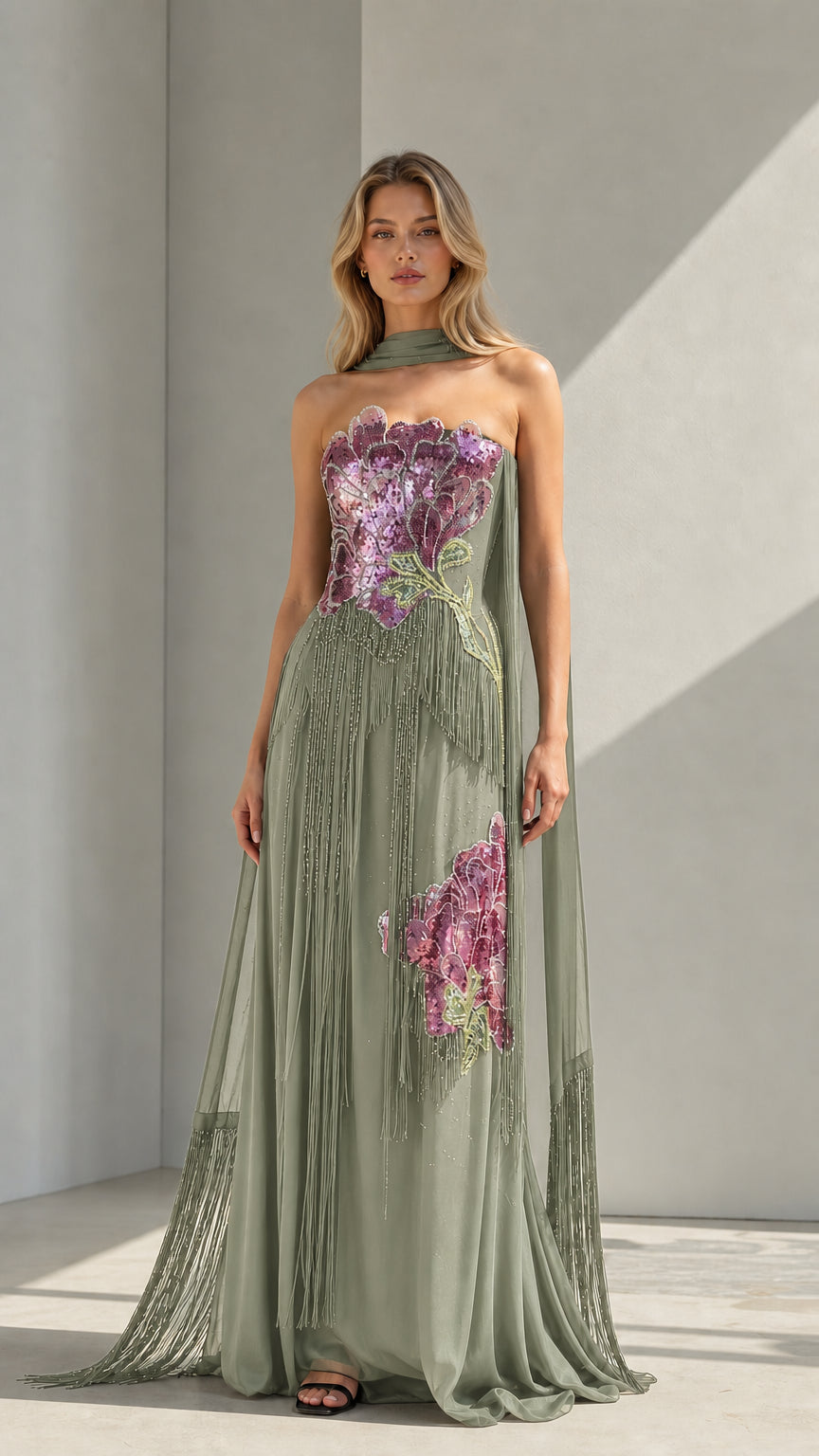 Front view of sage green evening gown
