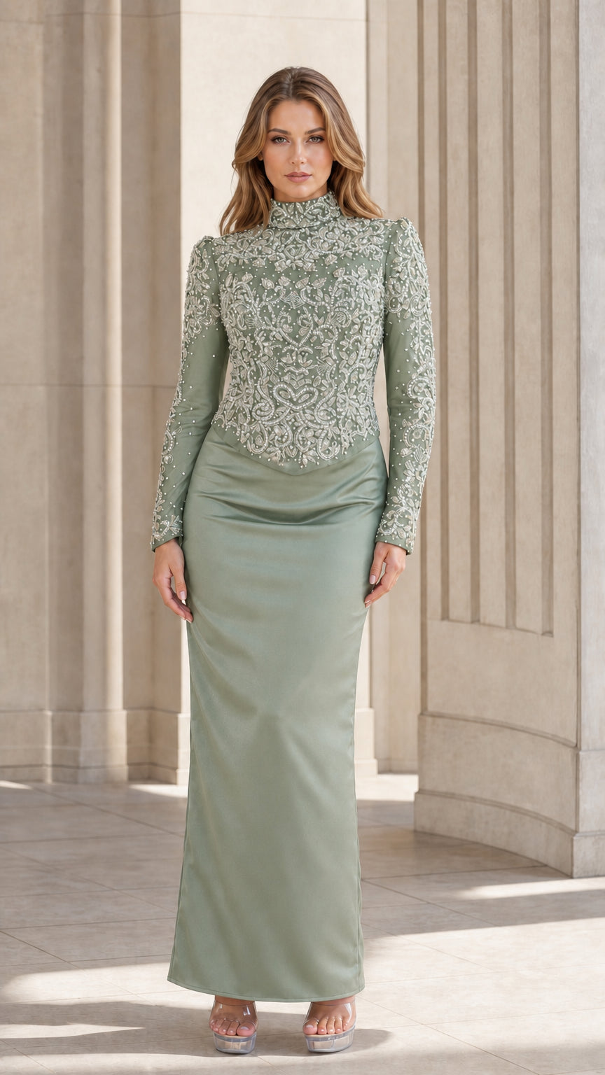 Sage green color variant gown