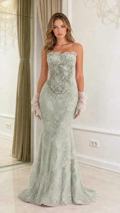 Front view of sage strapless lace mermaid evening gown