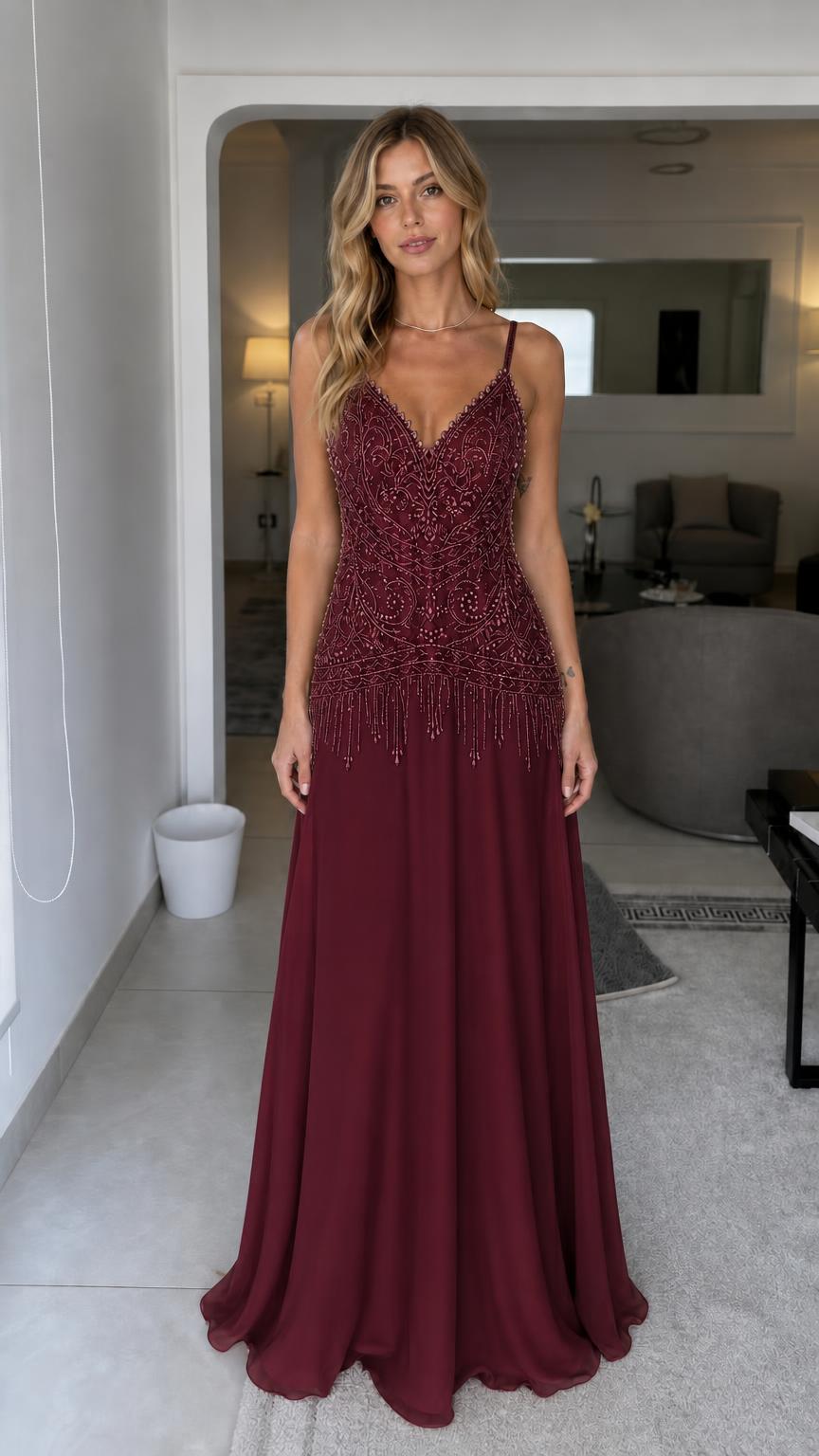 Front view of burgundy red beaded evening dress