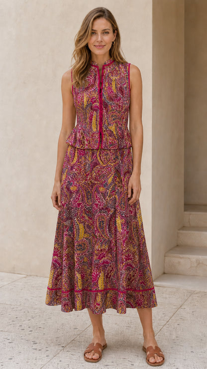 Front view of burgundy multi paisley print midi dress