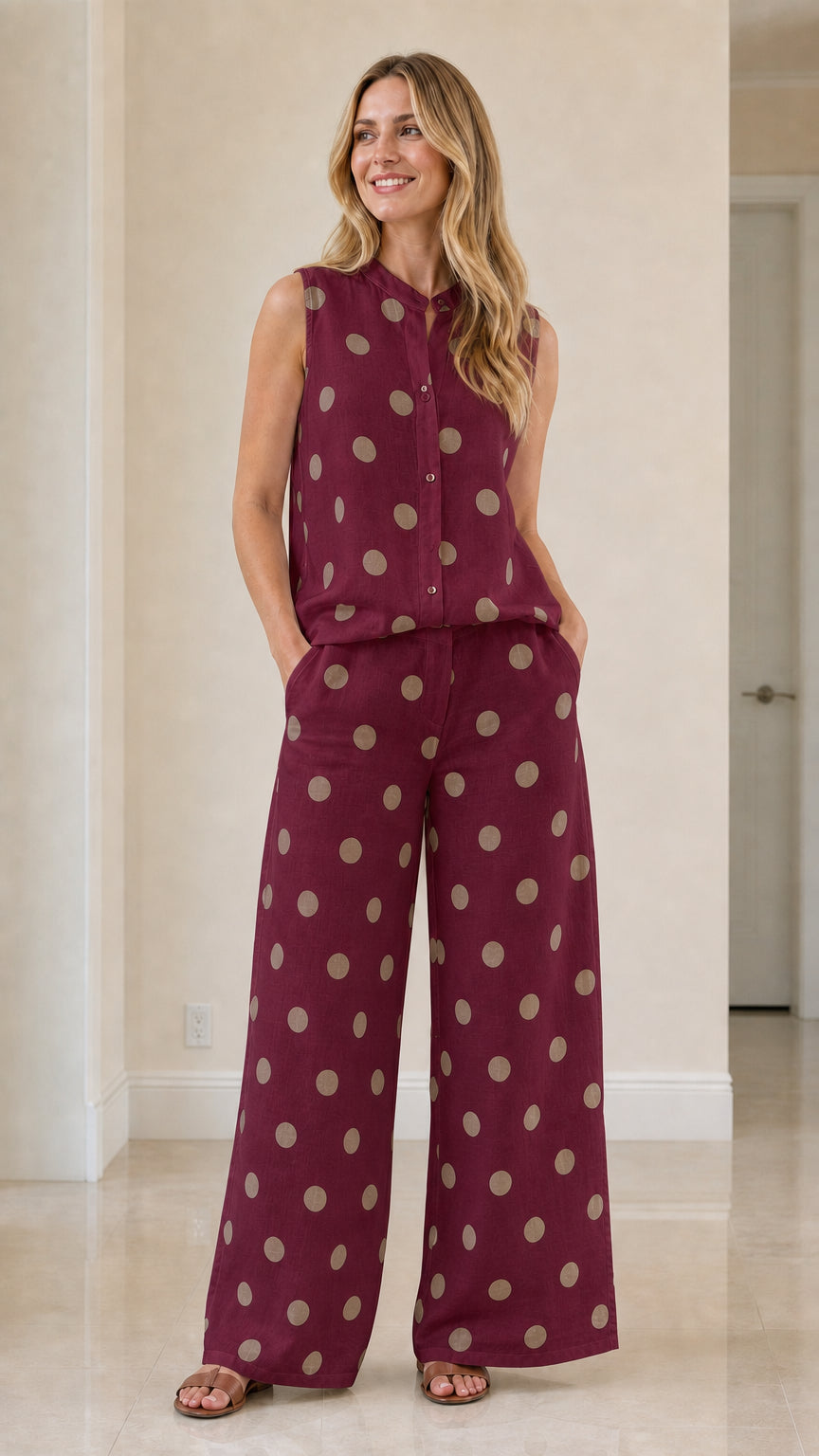 Woman wearing burgundy polka dot two-piece set