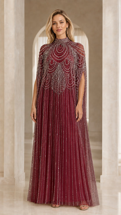 Burgundy high neck beaded cape formal gown