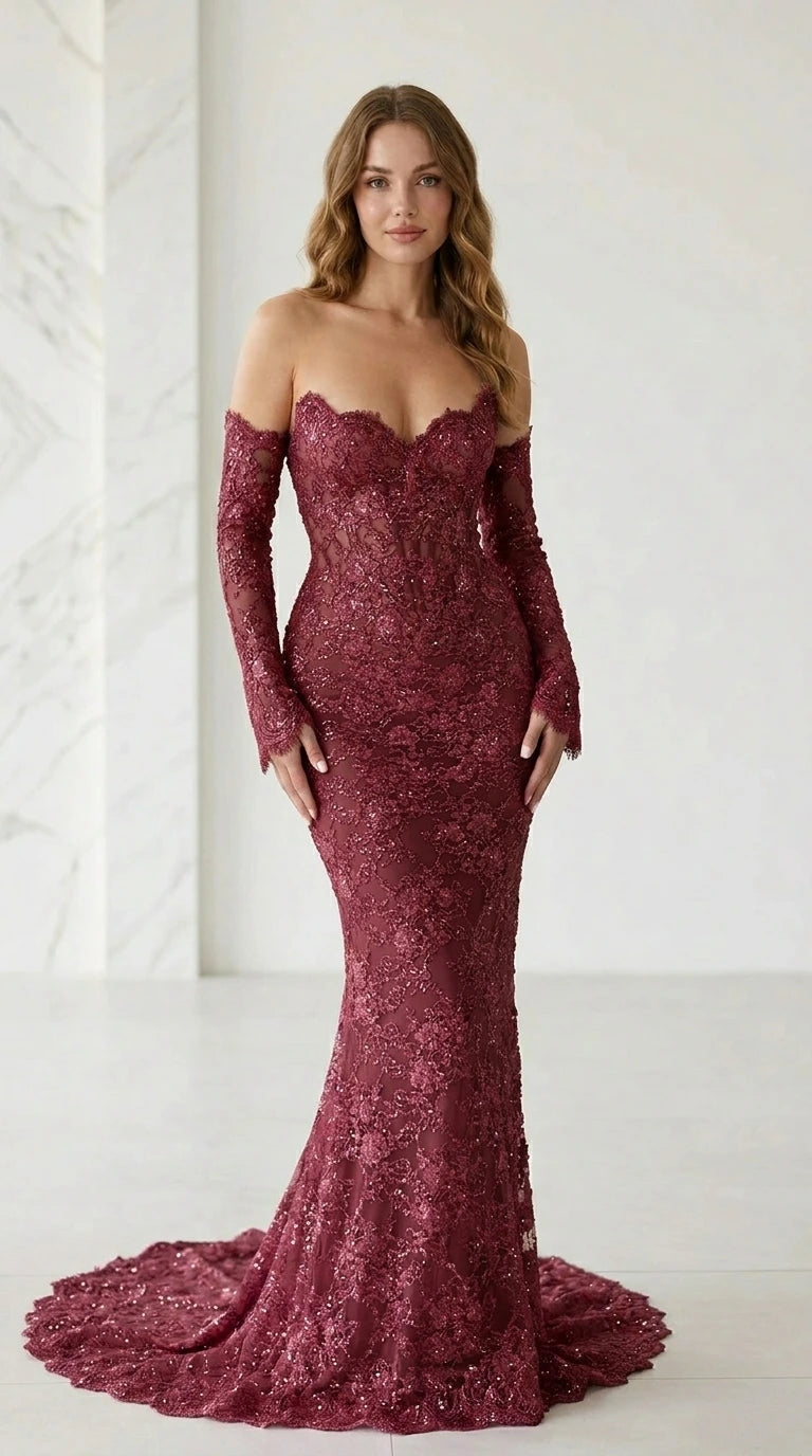 Front view of burgundy lace applique mermaid evening dress