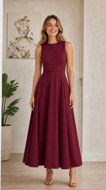 Model wearing burgundy sleeveless A-line midi dress