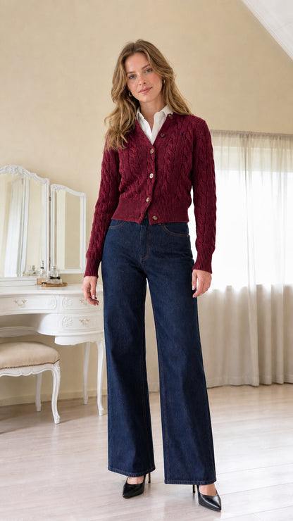 Women's burgundy red cable-knit V-neck cardigan sweater