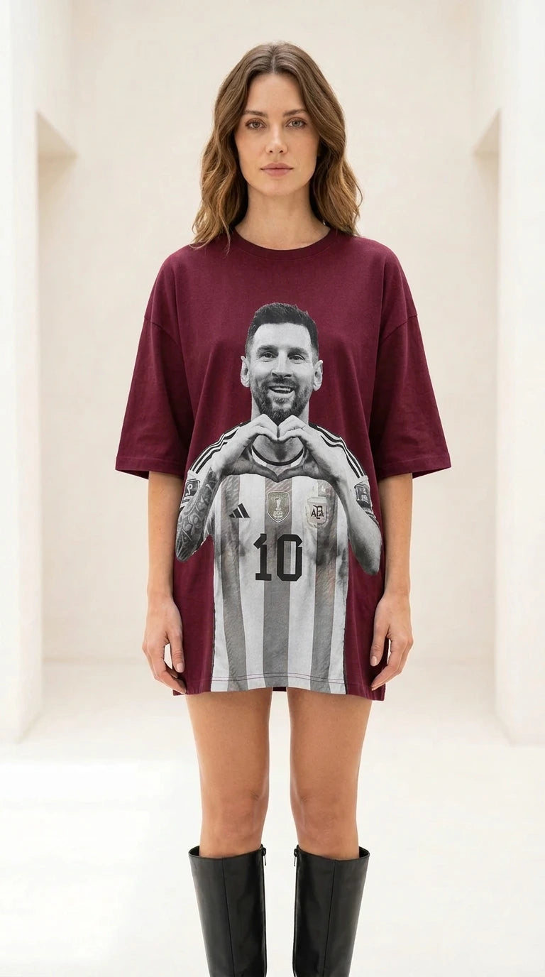 Front view of burgundy color variant of graphic t-shirt dress