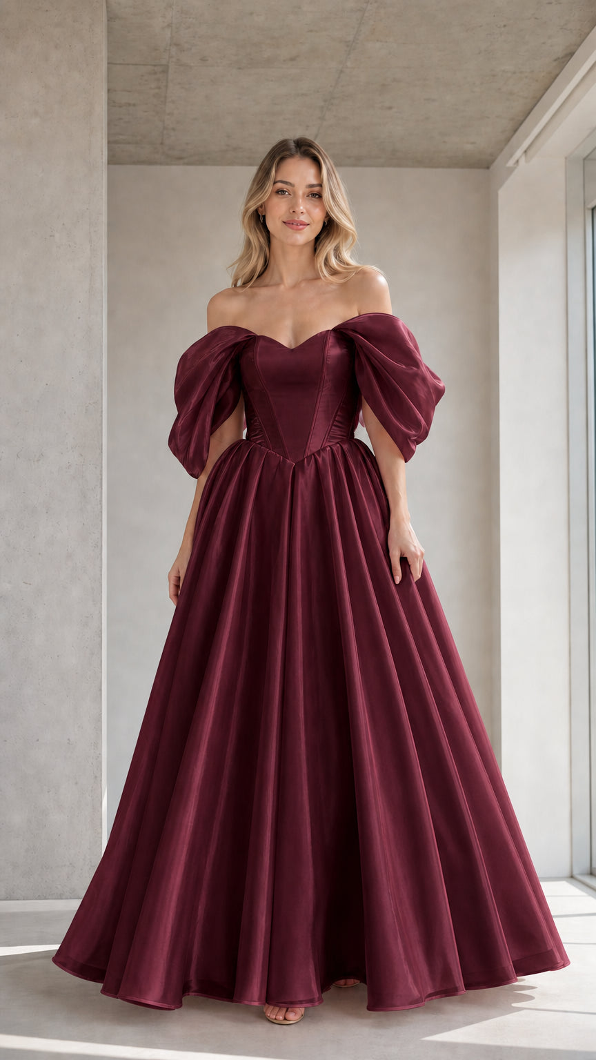 Front view of model wearing the burgundy color variant