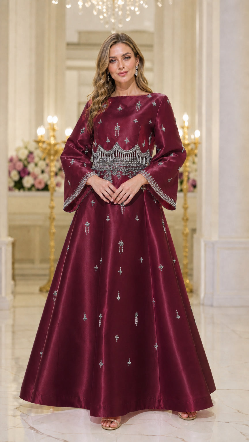 Front view of model wearing burgundy beaded maxi dress