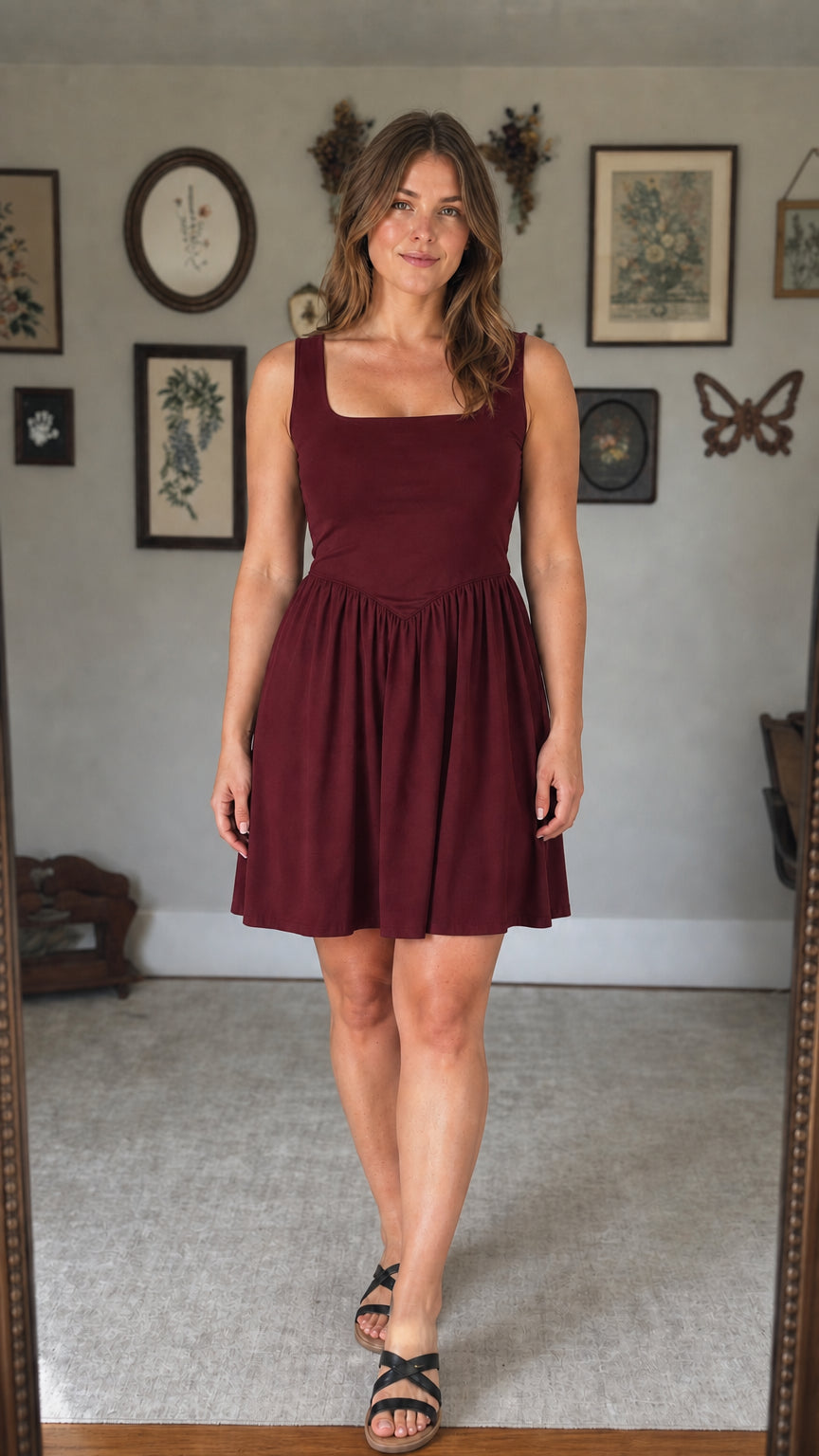 Front view of woman wearing burgundy mini dress