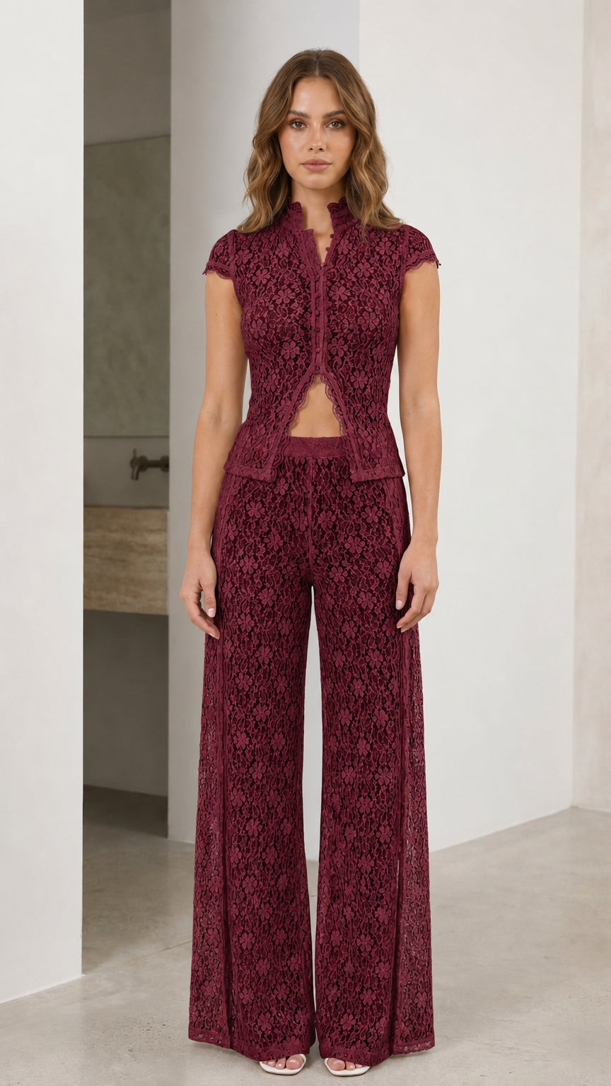 Full front view of burgundy lace matching set