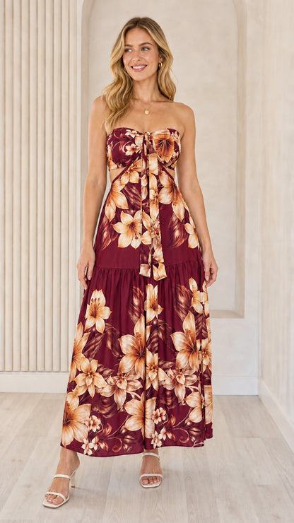 Front view of burgundy floral strapless maxi dress