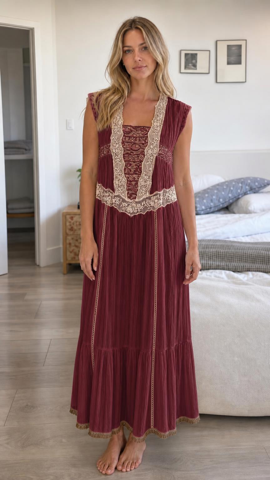 Front view of Burgundy Bohemian Lace Trim Pleated Maxi Dress