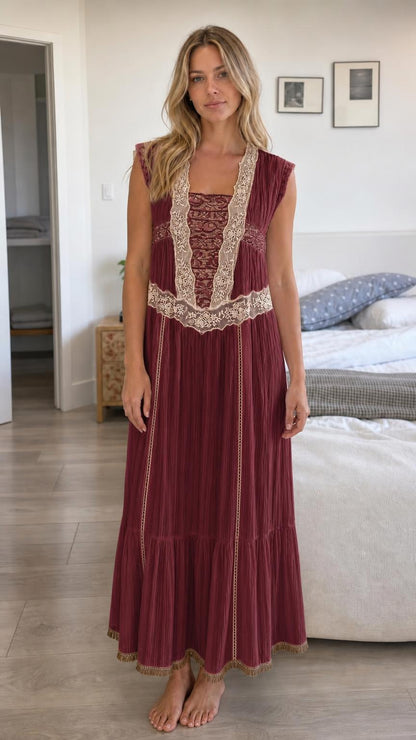 Front view of Burgundy Bohemian Lace Trim Pleated Maxi Dress