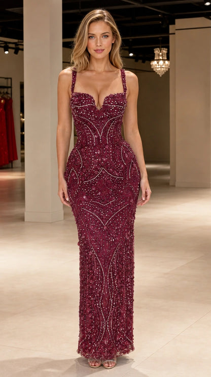 Front view of model wearing burgundy wine beaded sweetheart evening gown