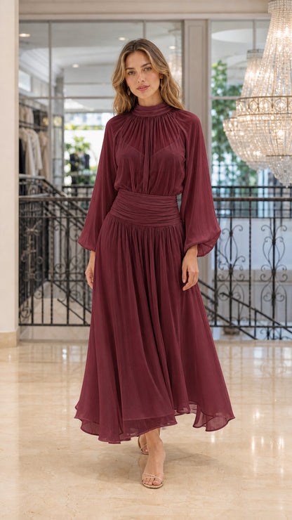 Front view of Burgundy chiffon pleated maxi dress on a model