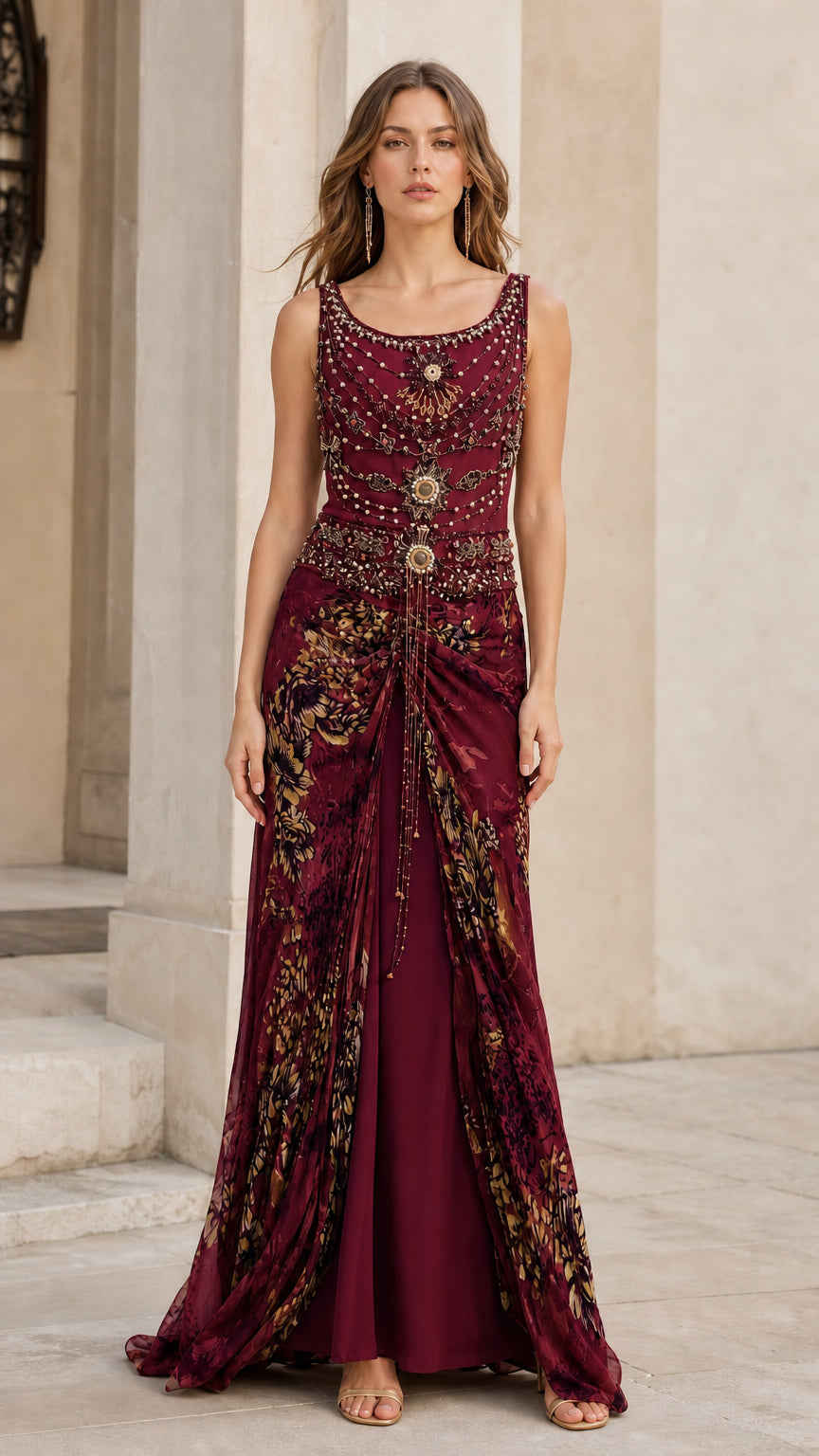 Model wearing burgundy beaded evening dress