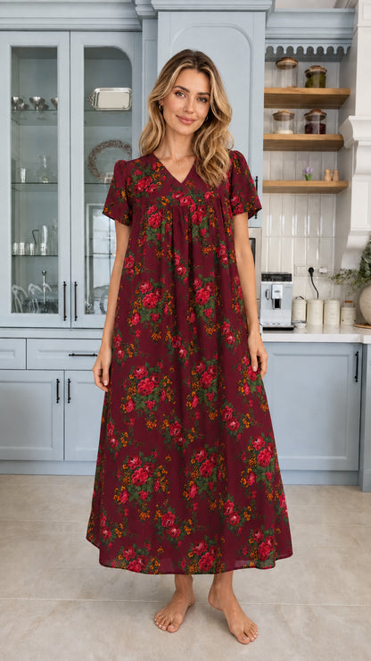 Model wearing burgundy floral print short sleeve maxi lounge dress