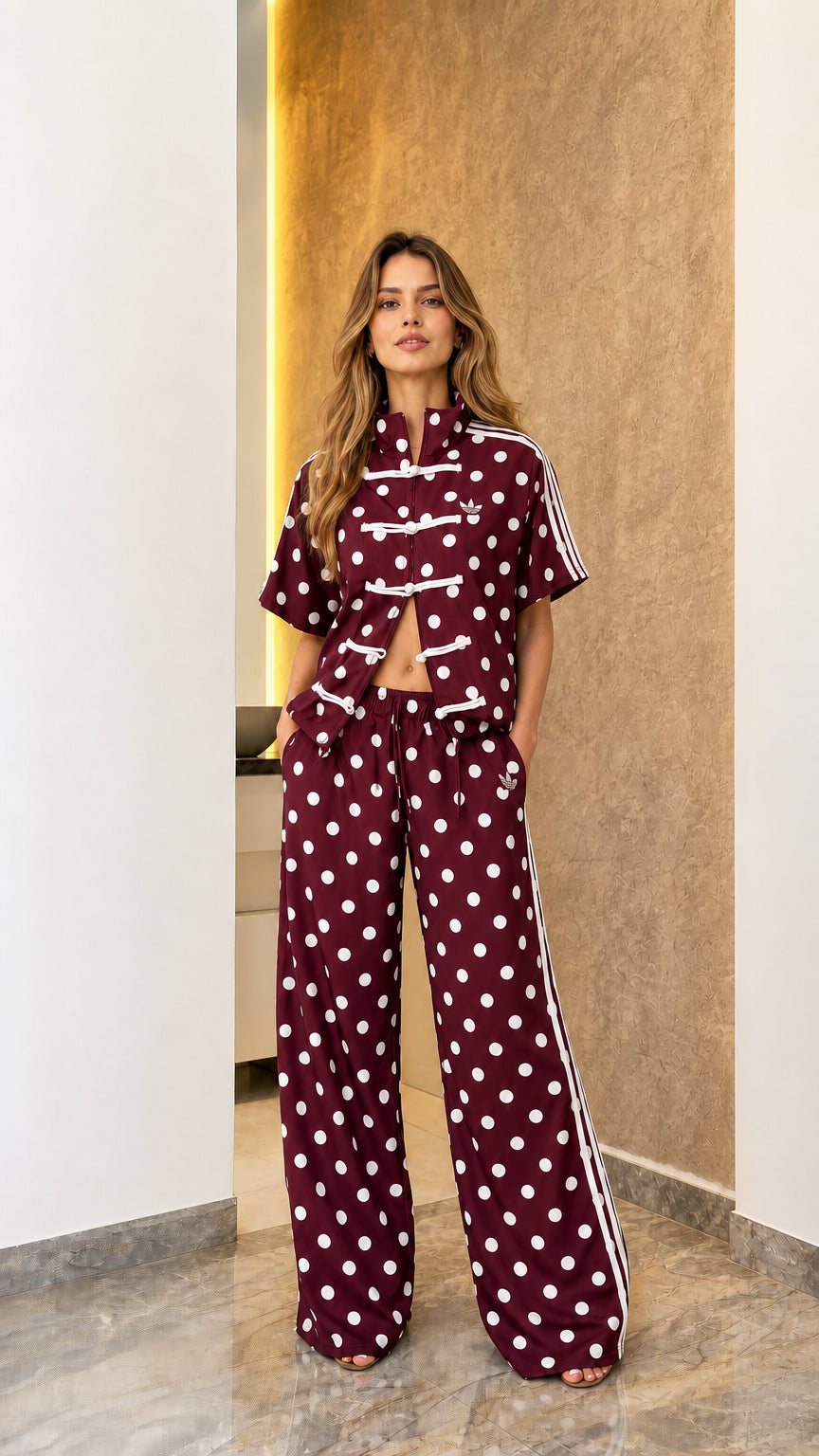 Model wearing burgundy polka dot track set