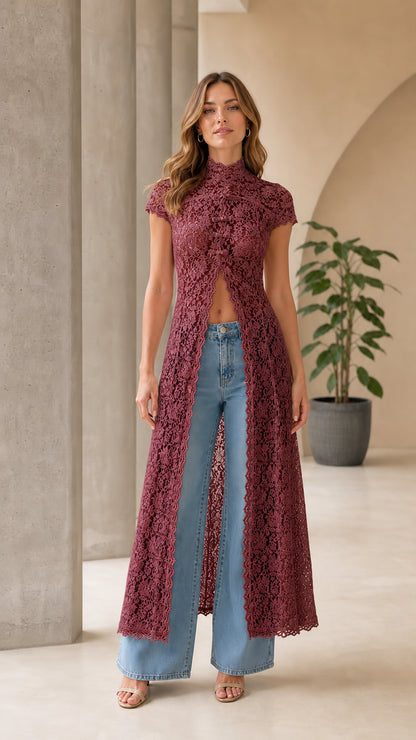 Front view of burgundy lace long duster cardigan