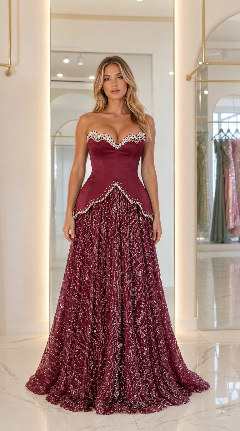 Full front view of burgundy sequin evening gown