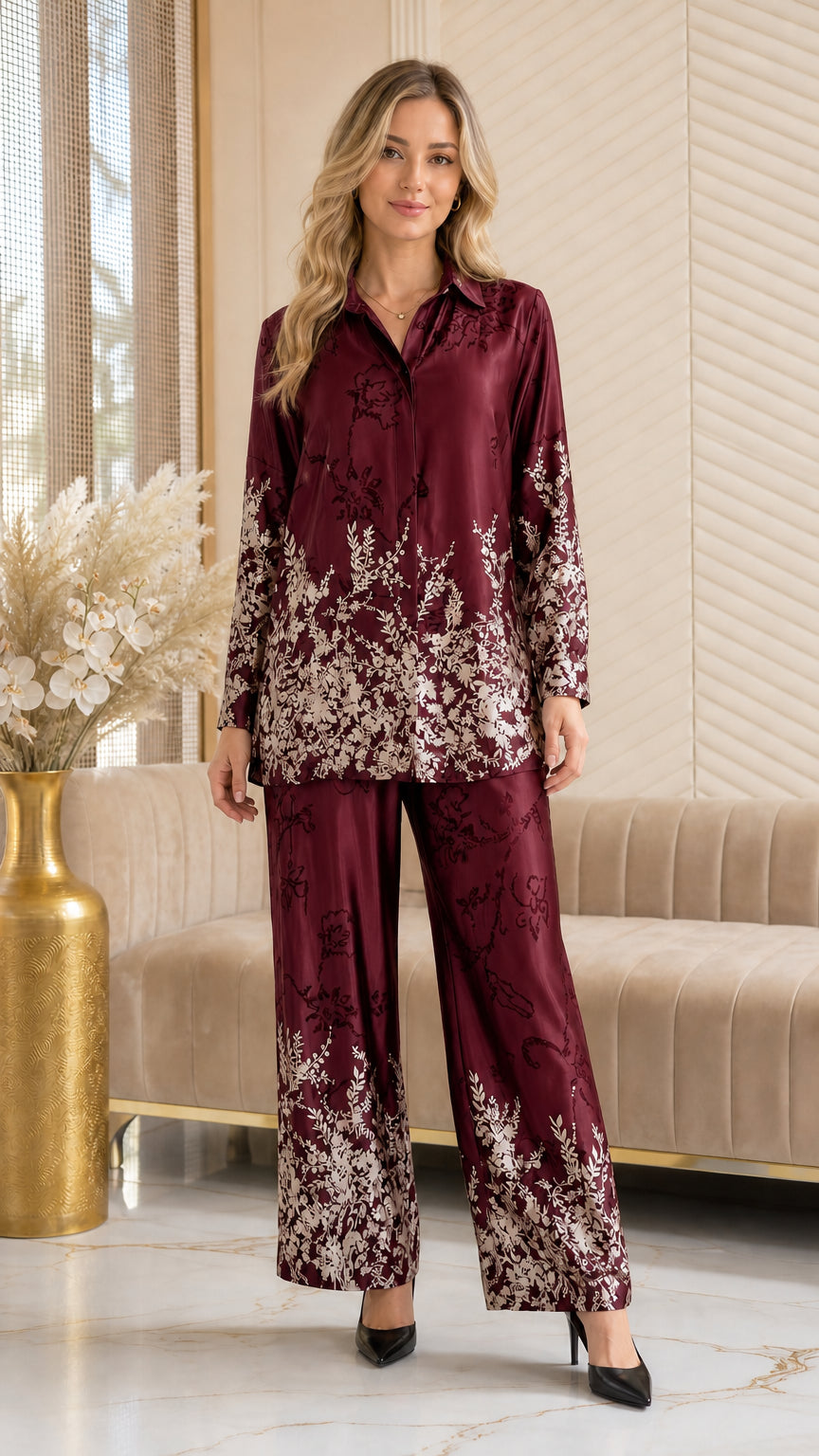 Full front view of model wearing Burgundy wine floral print satin two-piece pajama set