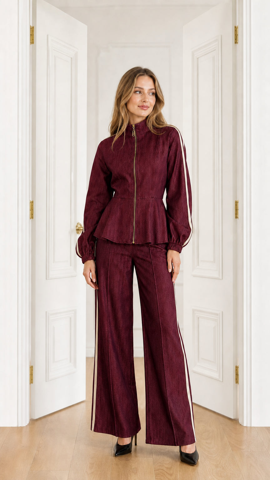 Full-length view of model wearing Burgundy wine peplum jacket and wide-leg pants set with cream side stripes