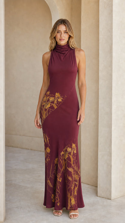 Front view of Burgundy floral print maxi dress