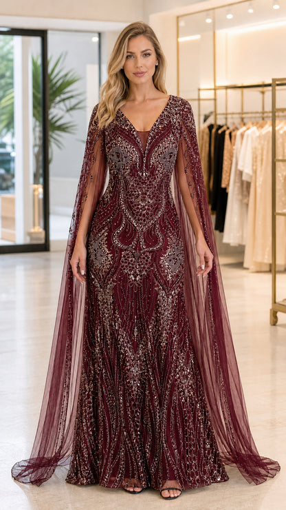 Front view of burgundy red sequin and beaded cape evening gown