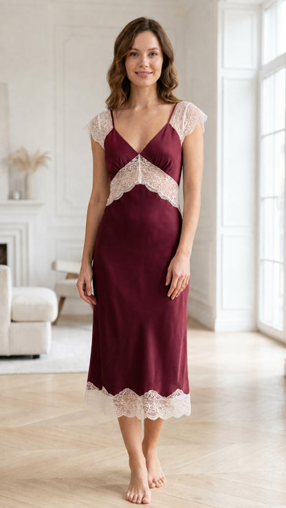 Woman wearing burgundy satin lace trim midi nightgown
