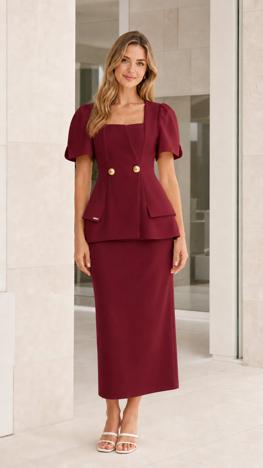 Front view of burgundy skirt set