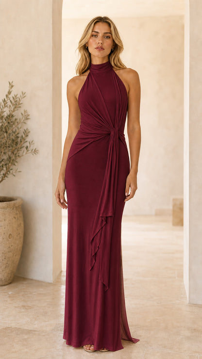 Burgundy wine red halter neck draped floor-length formal gown